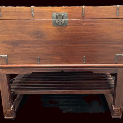 Antique Hardwood Chest on Stand | 19th – Early 20th Century | Hinged Lid & Metal Hardware 