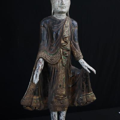 Antique Hand-Carved Burmese Standing Buddha Statue | Gilded & Inlaid with Glass Mosaic | 39" Tall