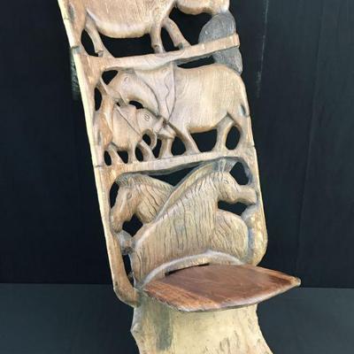 Hand-Carved African Birthing Chair | Intricate Wildlife Motif w/ Rhinoceroses, Elephants & Zebras