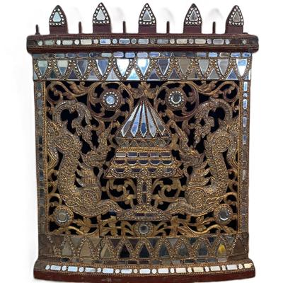 Antique Burmese Gilded & Mirrored Temple Carving | Handcrafted Teak Wood Panel