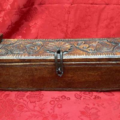 Antique Hand-Carved Wooden Betel Nut Box with Hinged Lid and Iron Latch