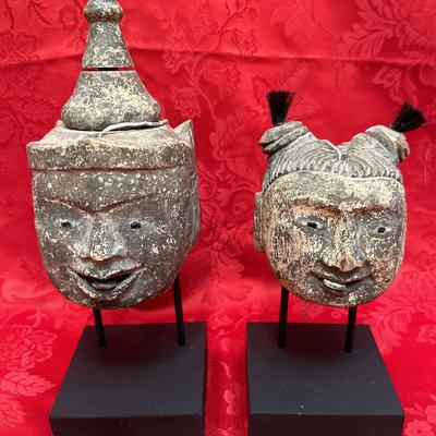 Pair of Antique Burmese Nat Spirit Head Sculptures | Carved Wood with Pigments