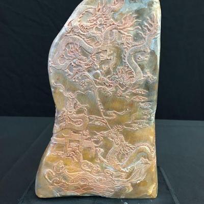 Intricate Dual-Sided Jade Carving on Black Base – Cranes, Pine Trees & Dragon Motifs