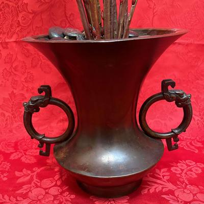 Antique Chinese Bronze Gu Vase | Dragon Handles & Flared Rim