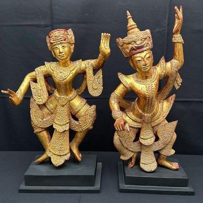 Pair of Gilded Burmese Dancer Statues – Hand-Carved Wood with Gold Leaf & Red Lacquer Accents