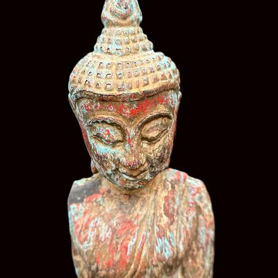 Antique Burmese Carved Wood Buddha | Polychrome Finish | 19" Tall