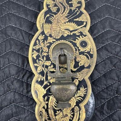 Chinese Brass Door Knocker on Wood Plaque | Phoenix Motif & Cloud Design