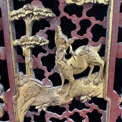 Tall Chinese Carved Wood Panel | Gilded Deer Motif & Lacquer Landscape