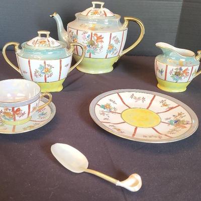 Hand Painted Japanese Tea 6-piece Set & Pearl Spoon