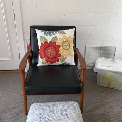 One More Brown Chair With Blue Patterned Pouf/ottoman