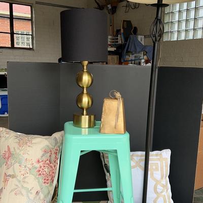 Decor: 2 Lamps, 2 Pillows, Stool, Brass Bell & Basket, Rug