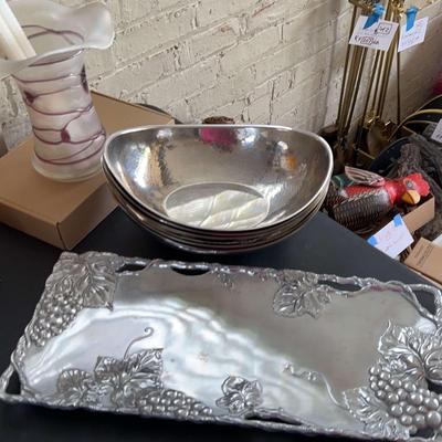 Elegant dining: Arthur Court Silver Tray, 5 Silver Serving Bowls, 1 Vase & Candles