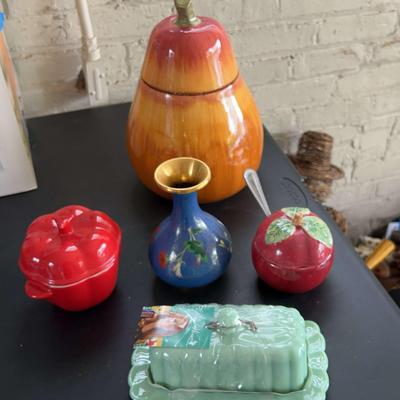 Kitchen: Cookie jar, Butter Dish, Sugar Holder, Red Container & Cloisonné Vase