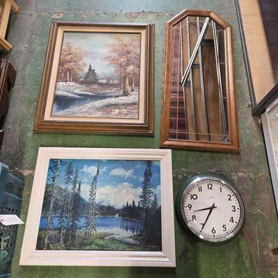 Sale Photo Thumbnail #483: #6372 • (2) Framed Forest Paintings, Mirror & Wall Clock
