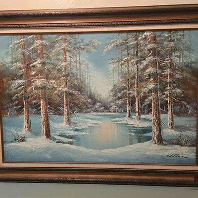 #6534 • Winter Landscape Canvas Painting Signed by Artist Whitlam
