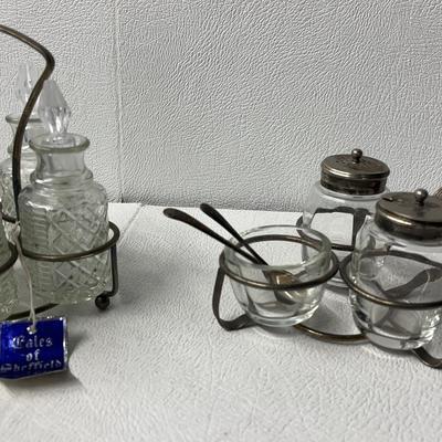 Antique Cruet Condiment Silver-plate and Glass Sets, 2 Sets
