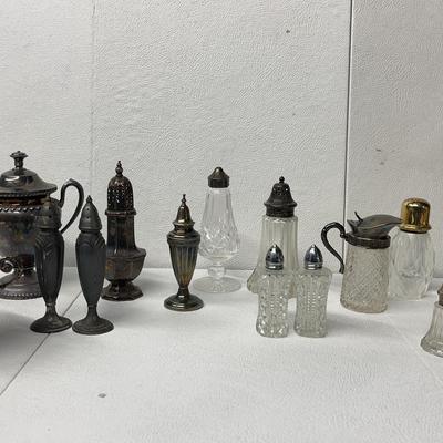 Collection of Glass / Crystal Salt Pepper Shakers, and Silverplate