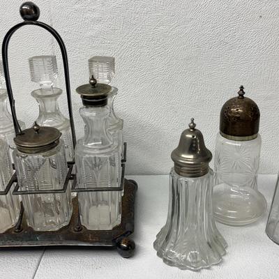 Art Deco Antique 6-piece Cruet Condiment Set and Glass Salt & Pepper Shakers