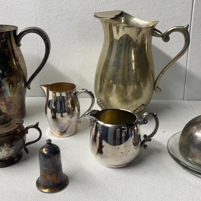 Silverplated Pitchers, Creamers, Teapot, Butter Dish, Salt Shaker