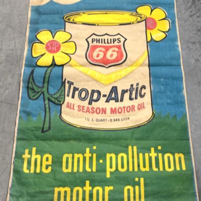 Phillips 66 Anti Pollution Motor Oil Banner on Canvas, Vintage