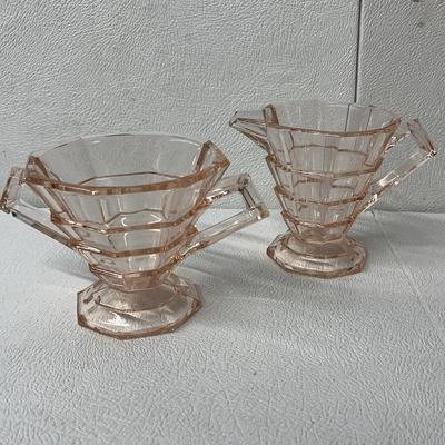 Art Deco Indiana Glass, Pink Depression Glass Sugar Bowl and Creamer