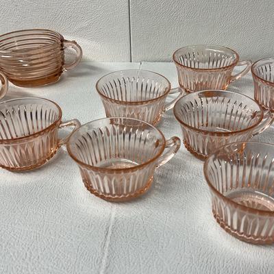 “Queen Mary” & “Manhattan” , Anchor Hocking Depression Glass Pink Teacups, Creamer, Sugar 9 Pcs