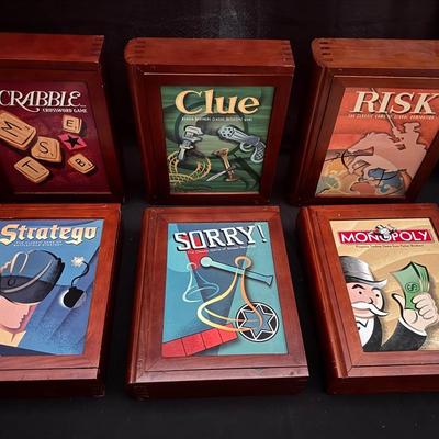 Lot 235: SET OF 6 PARKER BROTHERS "VINTAGE LIBRARY" BOARD GAMES WOOD BOXES