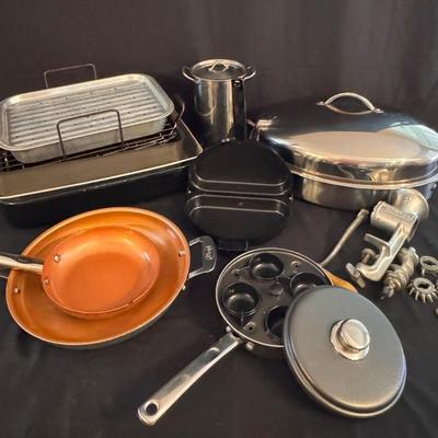 Lot 210: Roasters, Gotham Pans, Meat Grinder, Steamers