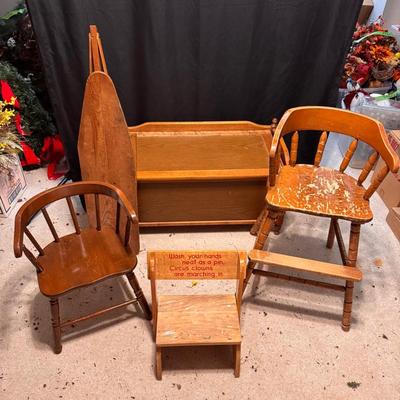 Lot 237: Vintage Childs Toy Chest, High Chair, Step  Stool & Ironing Board 