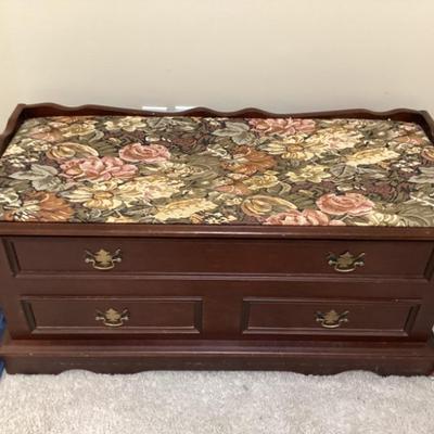 Mahogany cedar chest with embroired cover closed