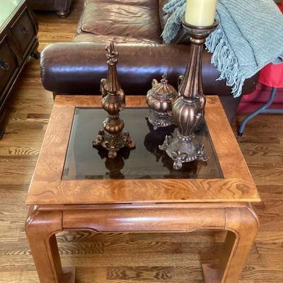 Chinoiserie chow leg ming style end table smoke glass top pair