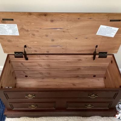 Mahogany cedar chest with embroired cover open