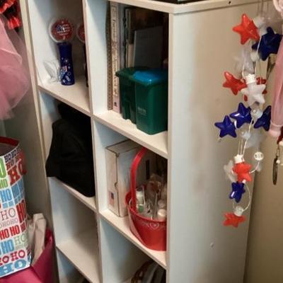 White book shelves 3) with misc items