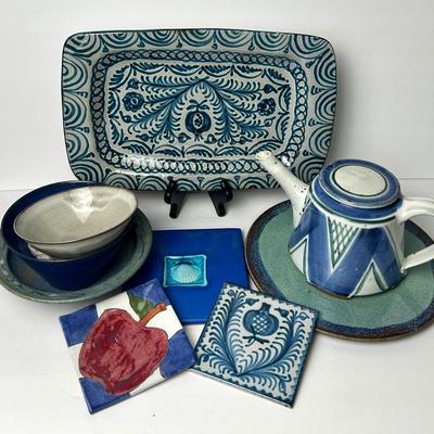 Handcrafted Blue Pottery: Teapot, Bowls, Platter, Trivets