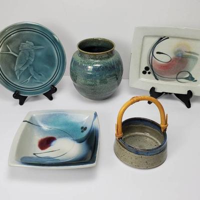 Handcrafted Blue & Green Signed Pottery with King Fisher Trivet