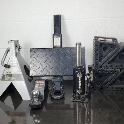 Husky 6 Ton Bottle Jack, Wheel Chocks, Trailer Hitchers (One With Step)