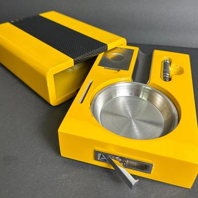 Bay-Berk Cigar Cutter/Ashtray, Lacquered, Yellow & Carbon Fiber Color