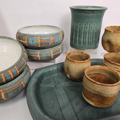 Handcrafted Signed Pottery: 7" Bowls, Tea Cups, Tray, Crock