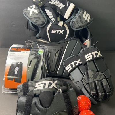 New STX Youth Lacrosse Pads, Nike Socks, Shock Doctor Cup (Adult Small), Practice Balls