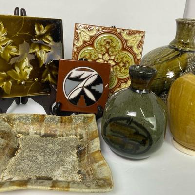 Handcrafted Earth Tone Pottery Vases, Tiles & Dish