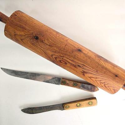 Vintage Marked Ka-Bar 10" Butcher & Royal Brand 13" Chef Knives + 20" Handcrafted Rolling Pin