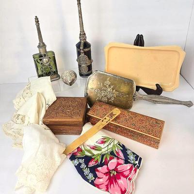 Vintage Vanity Toppers: Moroccan Perfume Bottles, Celluloid Letter Opener, Boxes, More