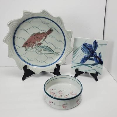 Handcrafted Studio Pottery With Fish / Sealife Motif: 13" Dish, 6" Bowl, 7" Tile