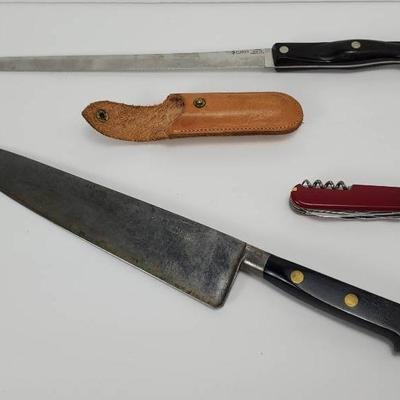 Knives: Sabatier Veritable Chef Au Ritz 10" Carbon Blade Chef's; Cutco 10" Bread; Victorinox Pocket