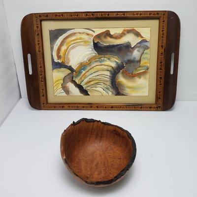 Handcrafted Turned Madrona Burl Wood Bowl - 7.5" & Marquetry Tray with Watercolor Inset