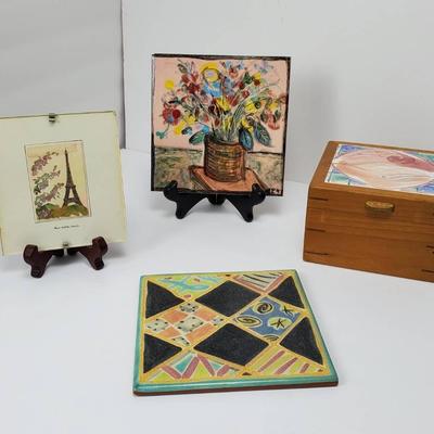 Painted Tile Trivets And Hand Crafted Wood Box, Plus Paris Watercolor Miniature 5x4.75"