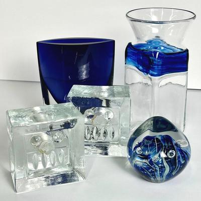 Robert Eickholt Signed Art Glass Paperweight, Kosta Bods Erik Hoglund Candle Holders, More