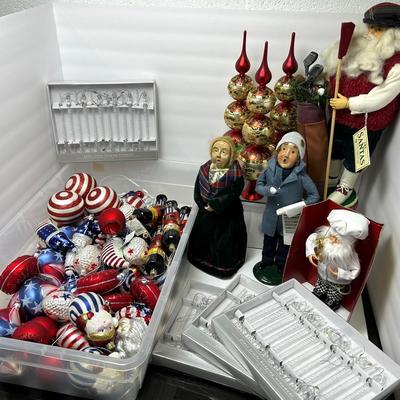 Christmas Decor: Byers Choice Caroler &Tina Mitchell Santa, Patriotic Glass Ornaments, Tree Toppers