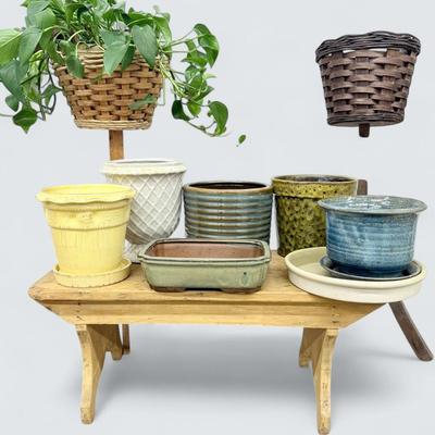 Boho Woven Plant Stands-29"; Ceramic Flower Pots; Wood Stool, Live Plant
