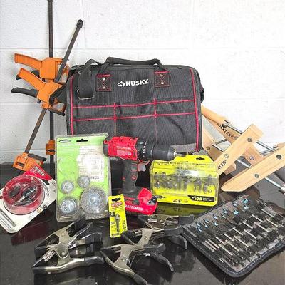 Husky Tool Bag With Tools: Clamps, Craftsman Drill (no charger), Router Bits And More
